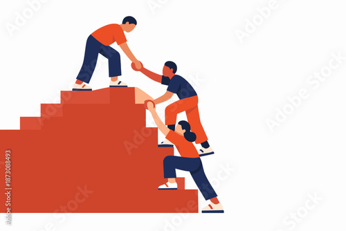 Teamwork and support: illustrated figures helping each other climb steps