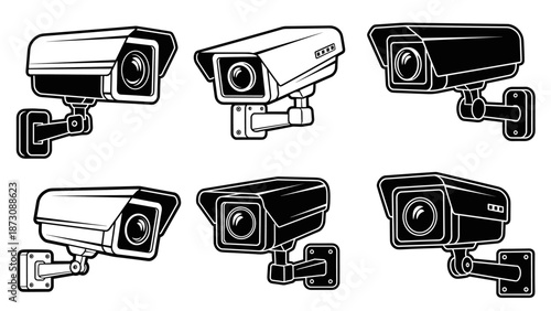 Collection of six security surveillance cameras in black and white illustration style.