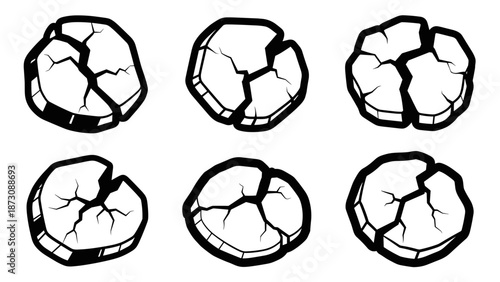 Set of Six Cracked Round Objects Isolated on White Background.