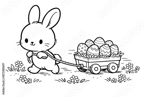 Adorable bunny pulling wagon of easter eggs through spring flowers