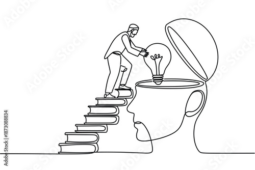 A person climbs stairs made of books into an open head with a lightbulb.