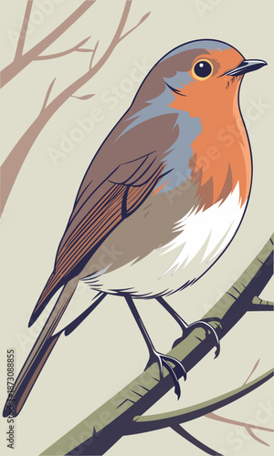 Vibrant Robin Perched on Branch A Colorful Bird Illustration.