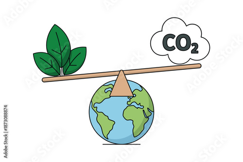 Leaves and CO2 are balanced on a seesaw over the Earth.