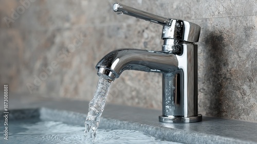Chrome faucet with running water, set against a gray stone backsplash. Showcases sanitation, clean water, and modern bathroom design aesthetics.