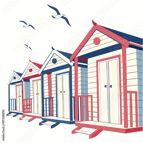 Whimsical Beach Huts Illustration with Seagulls in Flight 1.