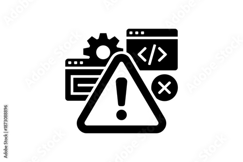 Alert icon with programming and gear symbols signifies technical issues.
