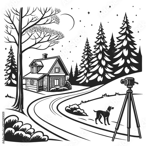 Winter Cabin Scene with Dog and Camera.