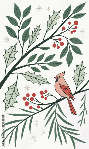 Winter Cardinal Among Holly Branches and Berries Illustration.