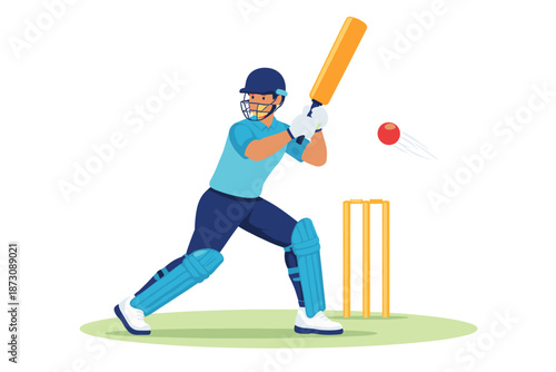 Male cricketer batting action illustration on field