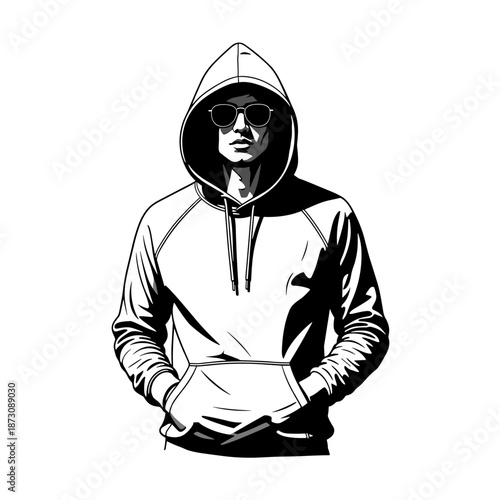 Man in Hoodie and Sunglasses Standing Confidently.