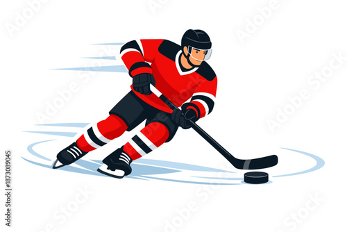 Male ice hockey player in action on skating rink in red and black uniform