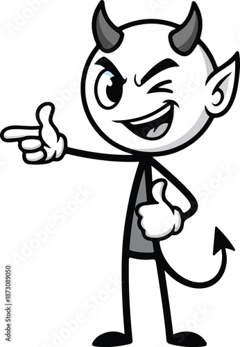 Playful Stick Figure Devil Winking and Pointing.