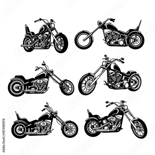 Collection of Six Vintage Chopper Motorcycles in Black and White.