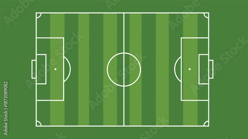Bird eye view of a green soccer field with white lines, goals, and various shades of green grass stripes in a minimalist style.