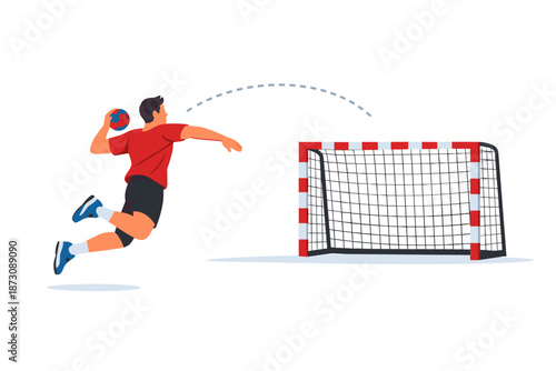 Male athlete playing handball and jumping to score a goal