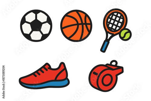 Various sports equipment and symbols arranged on a white background for educational purposes related to physical activity and games