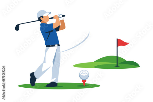 Male golfer swinging club on course, caucasian adult athlete