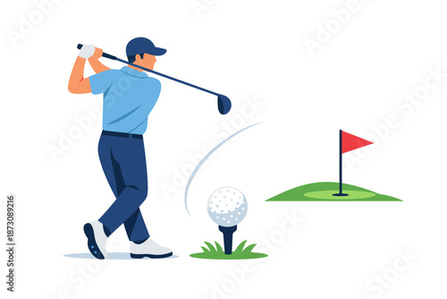 Male golfer caucasian adult swinging golf club on course with green and flag
