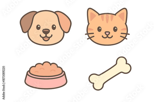 Cute dog and cat faces with food bowl and bone in simple design