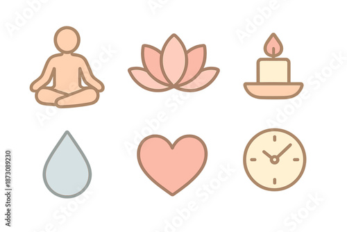 Symbols of wellness and mindfulness with icons of meditation, nature, and care