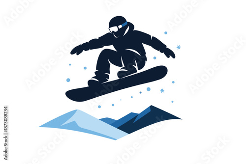 Silhouette of snowboarder jumping over snowy mountain peaks