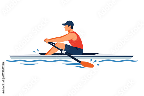 Young caucasian male rowing canoe on calm water in red tank and blue cap