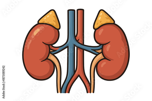 Drawing of two human kidneys with blood vessels showing connection and structure in medical design