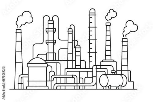 Complex system of pipes and towers in an industrial setting with emissions from chimneys and various structures