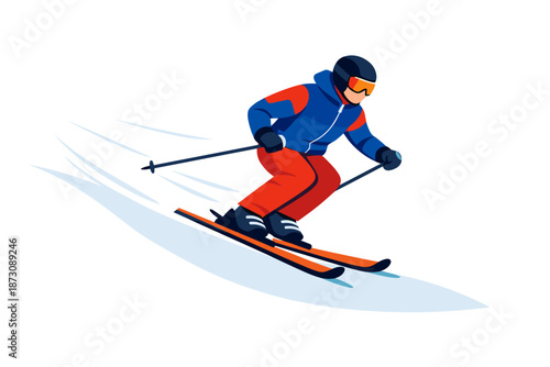 Male skier in blue and red gear slope action