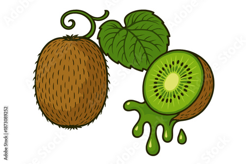 Kiwi fruit with one half cut open showing green inside and juice dripping, placed beside a green leaf