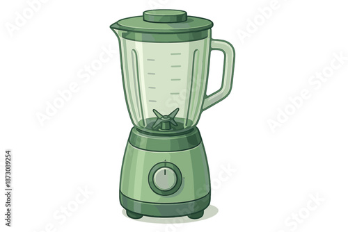 Green blender sits on a kitchen counter ready for food preparation and blending in a home setting