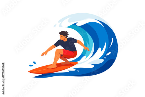 Young hispanic male surfing large ocean wave with red surfboard