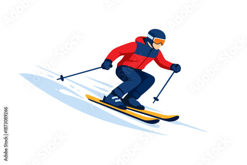 Male skier in red jacket descending snowy slope with ski poles
