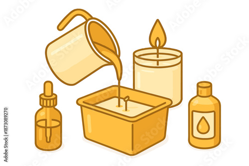 Candle making process with pouring wax, fragrance oil, and candle molds in a workspace
