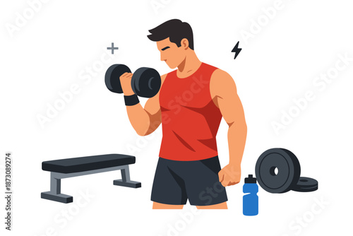 Young caucasian male lifting dumbbell in gym setting with equipment