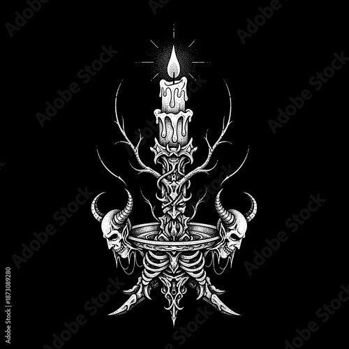 Gothic Candle Holder with Skulls and Antlers.