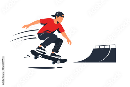 Young male skateboarder performing jump on ramp with cap and red shirt