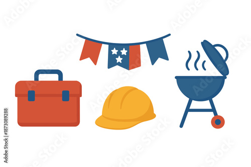 Tools, safety gear, and a grill display during a community event in an outdoor space on a sunny afternoon