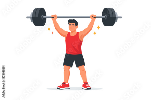 Young asian male weightlifter lifting barbell in red tank top