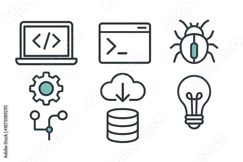 Icons representing computer programming, debugging, data management and software development in a simple design layout