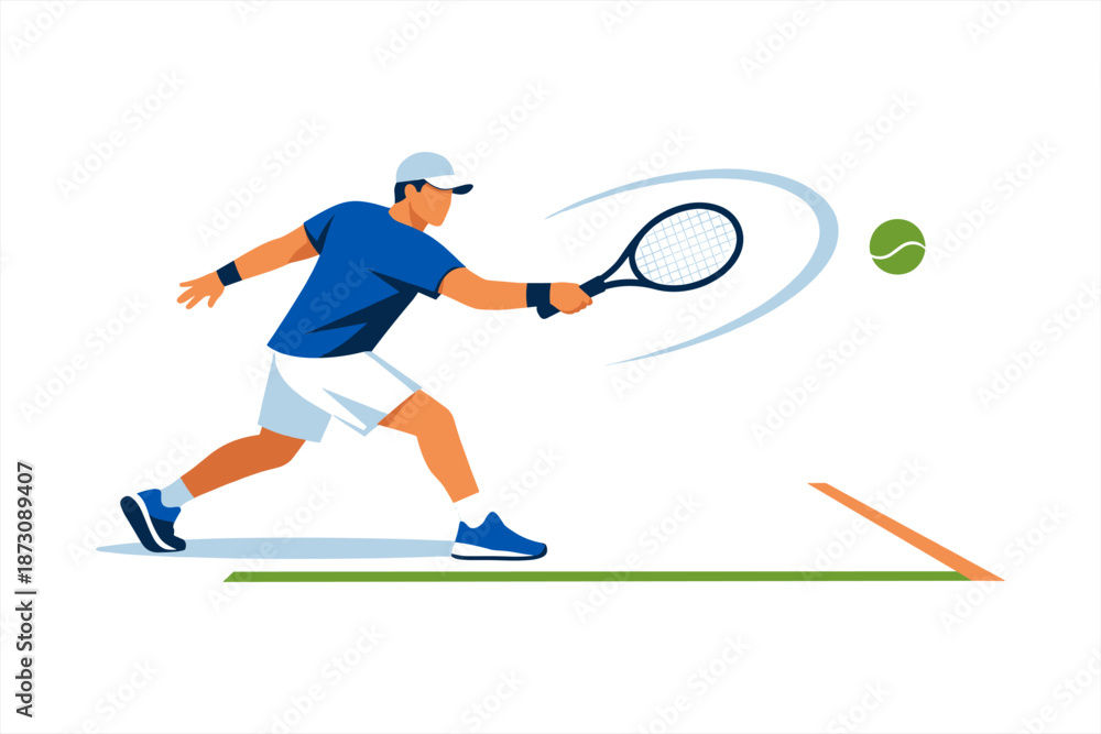 Obraz premium Young caucasian male tennis player hitting forehand on court