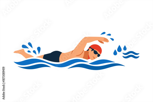 Young caucasian male swimmer in red cap swimming freestyle in blue waves
