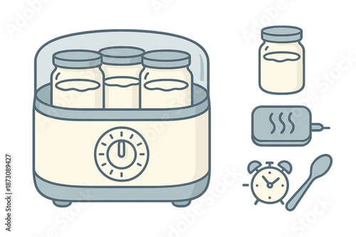 Kitchen appliance for yogurt making with jars, heating element, timer, and spoon on a white background