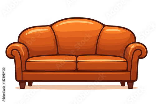 Comfortable orange couch with smooth curves and wooden legs in a simple design in a bright room setting