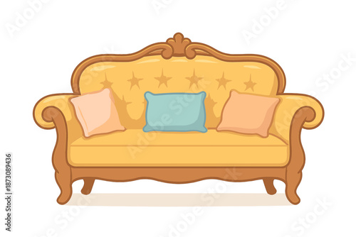 Vintage yellow sofa with colorful pillows in simple design for living room decor ideas