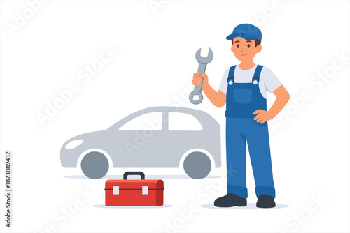 Young hispanic male mechanic holding wrench next to car and toolbox