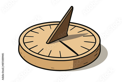 Sundial placed on a flat surface with a shadow indicating time in a sunny outdoor setting