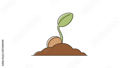 Small green plant sprouting from brown soil with coin