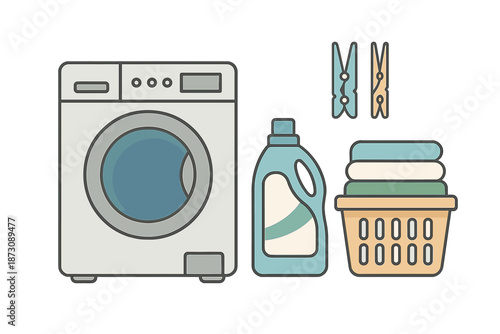 Washing machine with laundry detergent, clothes, and clothespins arranged in a home laundry setting