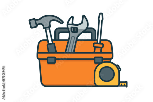 Toolbox with tools including a hammer, wrench, screwdriver, and tape measure placed on a flat surface for a building project